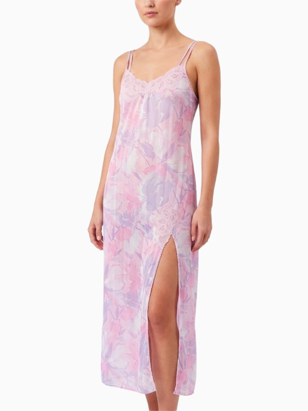 Vtg Vanity Fair Pink Floral Slip Dress XS/S Maxi Slit Coquette Whimsigoth Barbie